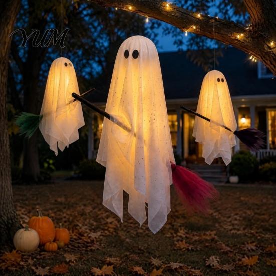 Halloween Hanging Ghost Decorations Outdoor Decoration, Large on Broom, Spooky Porch Decor Flying Gauze for Tree, Porch, Yard, Patio, Outside