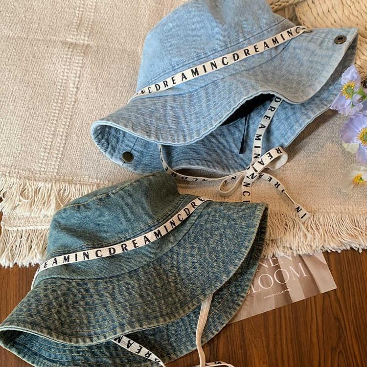 Summer outing hat women's letter strap bucket hat versatile retro basin hat sunshade denim mountaineering hat