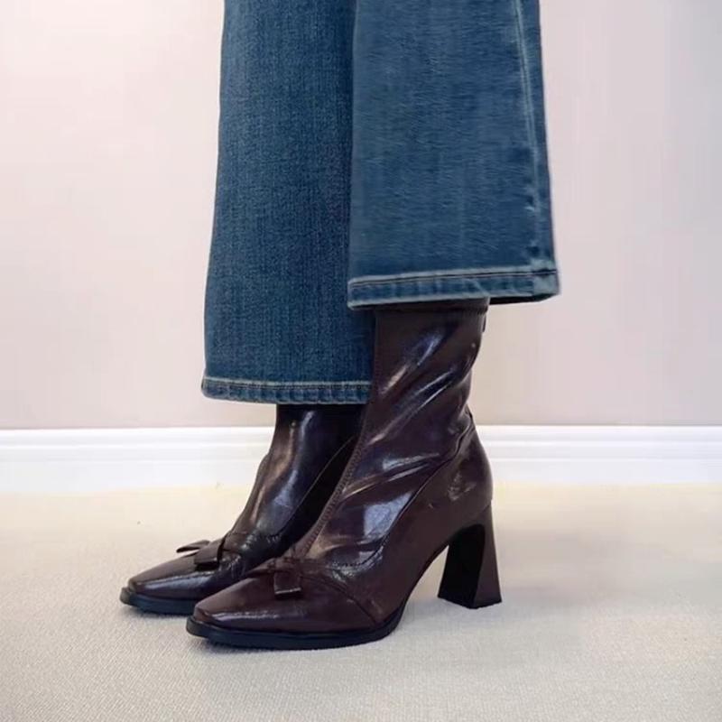 2025 New Winter Ankle Boots Print Soft Leather Vintage Chunky Heel Boots for Women Fashionable and Versatile Boots