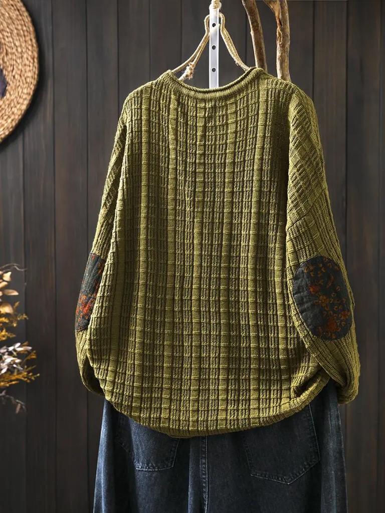 Patch Cotton Knit Sweater Women's Loose Lazy Large Size Meat-covering Spring and Autumn Retro Casual Round Neck Long-sleeved Top
