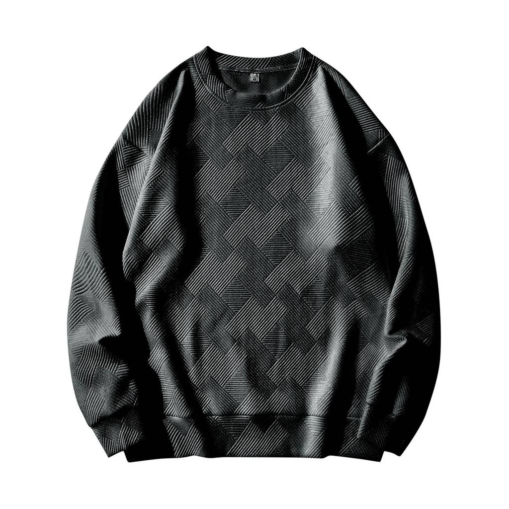 Men's Winter Solid Color Striped Casual Tops Long Sleeve Round Neck Sweatshirt