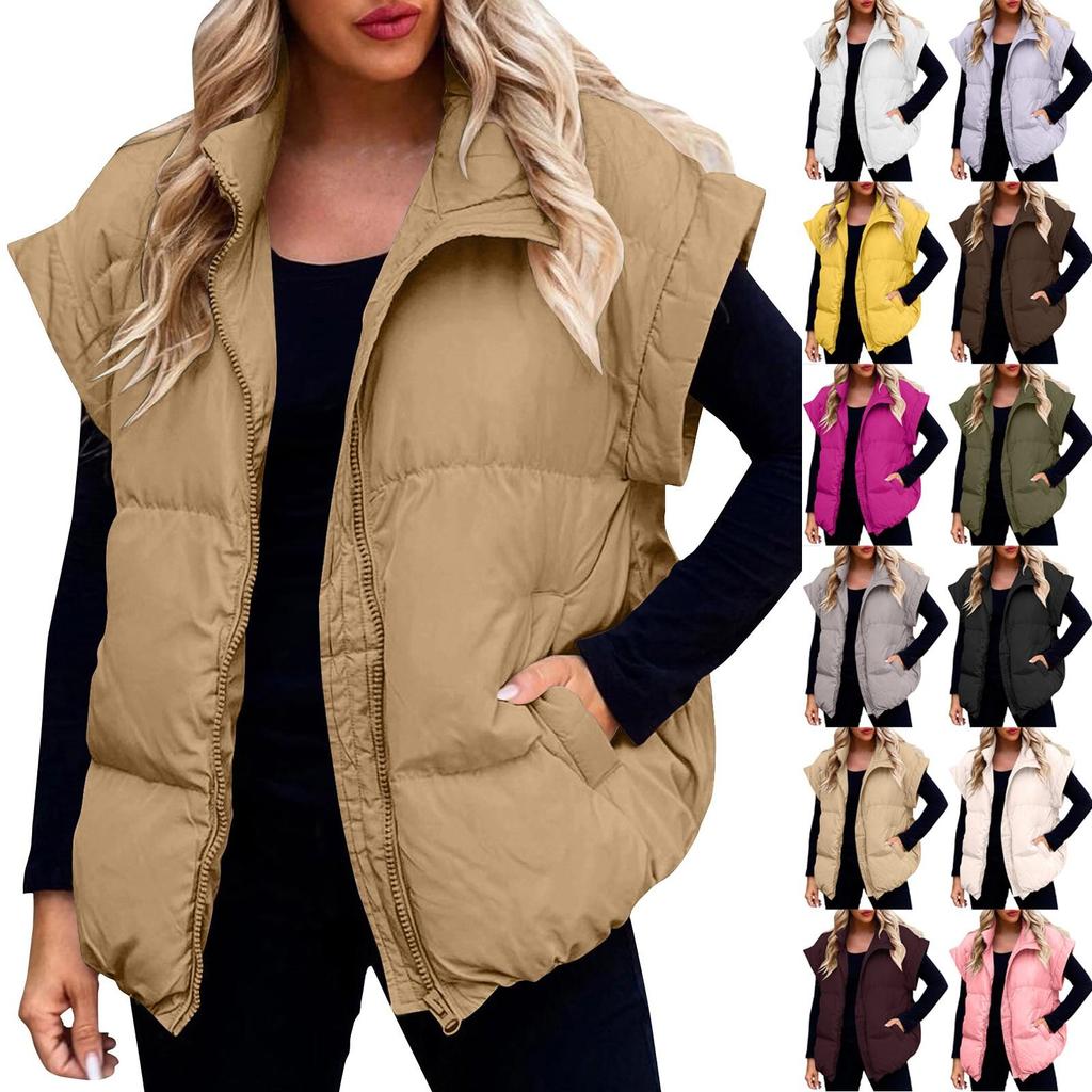 Women's Casual Winter Vest Stand Collar Sleeveless Puffy Jackets Coat With Pockets Winter