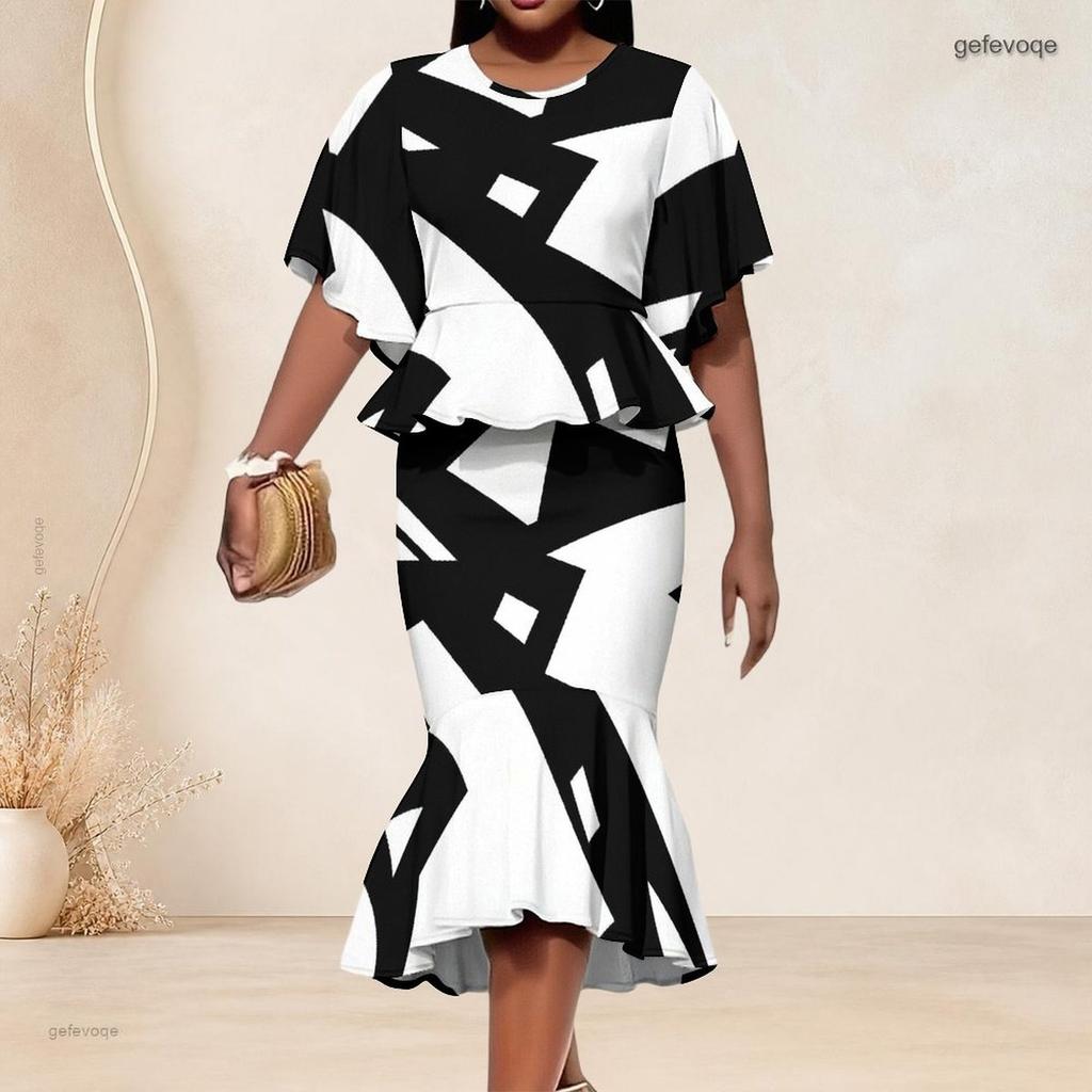 Women Plus Size Two Piece Set Round Neck Batwing Sleeve Black White Printed Ruffle Hem Top Fishtail Skirt