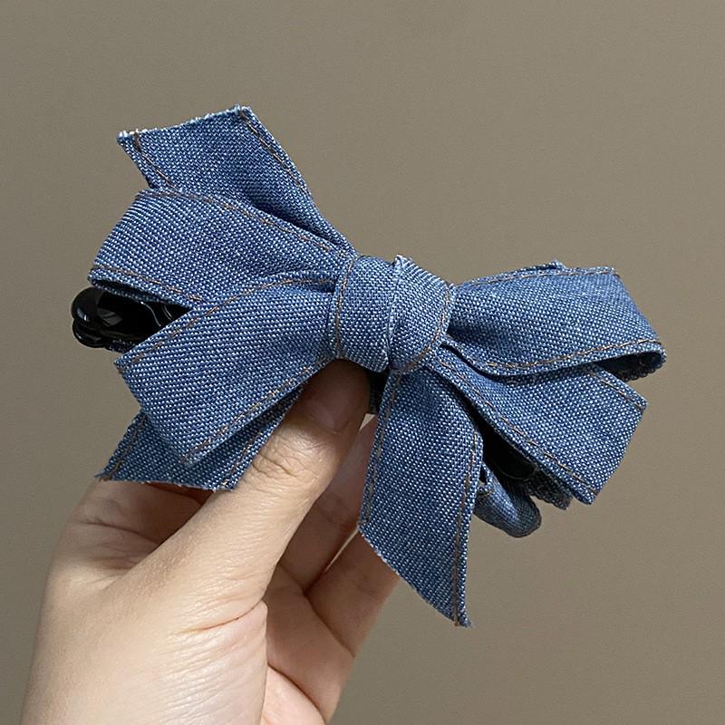 Koreanische Mode Blaue Denim Schleife Transparenter Grauer Haarspangen-Clip für Damen