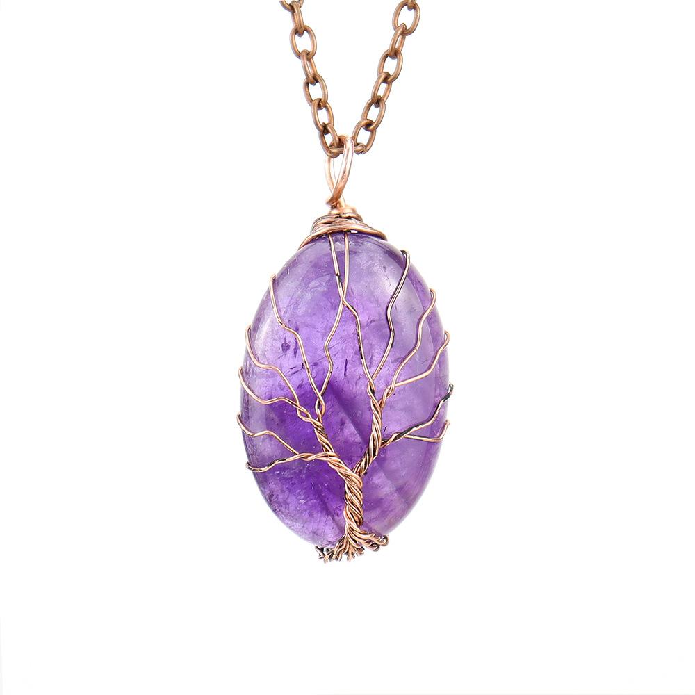 Natural Crystal Rough Stone Hand-Wound Egg-Shaped Tree Of Life Pendant Necklace N645