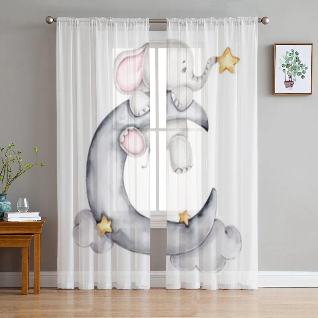 Cartoon Little Elephant With Star And Moon Sheer Curtains For Living Room Window Transparent Voile Tulle Curtain Bedroom Drapes