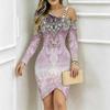 Women Plus Size Asymmetric Cold Shoulder Colorful African Tribal Geometric Print Wrap Bodycon Midi Dress
