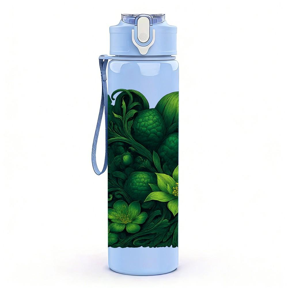 1PC Dark Green Tropical Leaf Cluster Print 750ml Color Plastic Sports Water Bottle Leakproof Flip Straw Lid Suitable for Sports Office Home Use