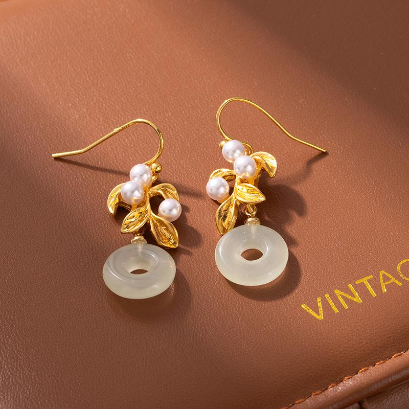 Light Luxury High-End Imitation Hetian Jade Earrings, Ancient Gold Safety Buckle, Chinese Style Earrings, Retro Temperament Hanfu Earrings.