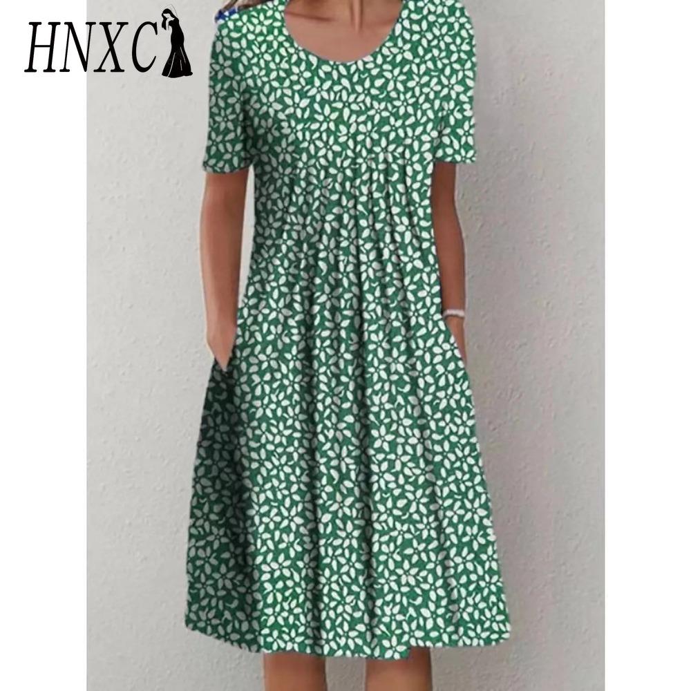 HNXC 30 Color Pleated Midi Dress Short Sleeve Round Neck Loose Hem Mid-Calf Length Women Floral A-Line Party Dress Casual Wear