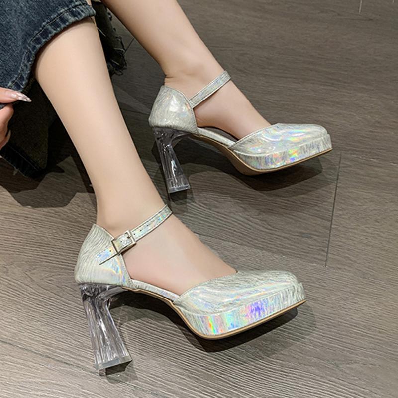 Fashion Patent Leather High Heels Sandals Women Summer 2024 Chunky Platform Party Sandals Woman Clear Thick Heeled Ankle Straps Pumps