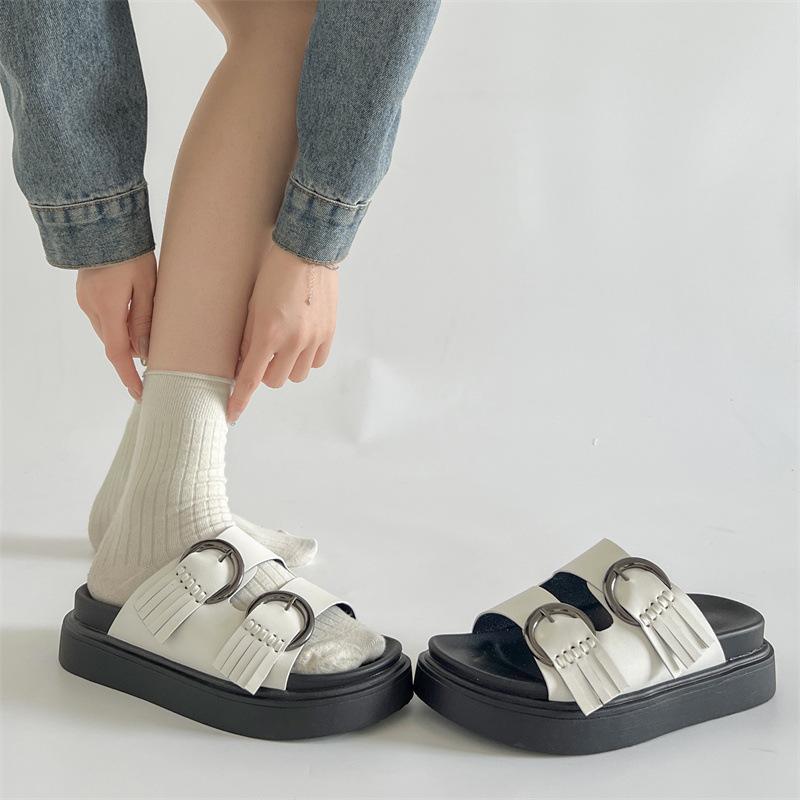 Fashion trend black thick-soled one-word slippers women's summer wear 2025 new high-end height-enhancing cool slippers