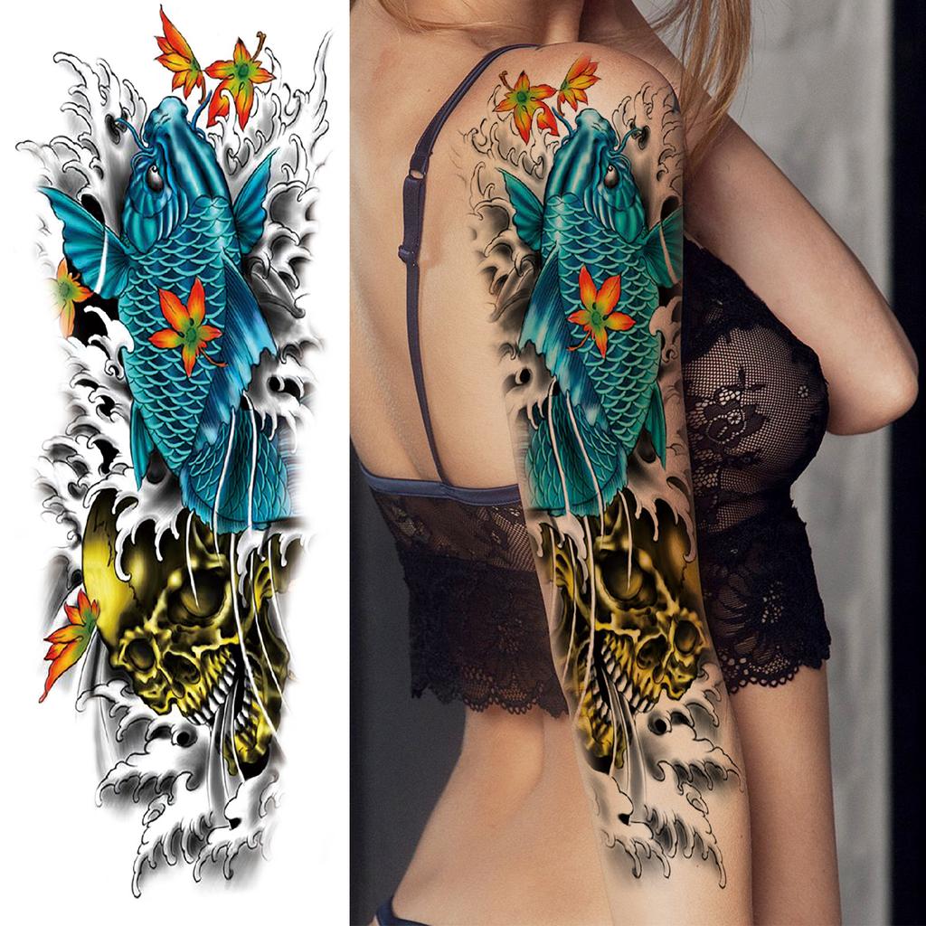 1 Sheet Long Sleeve Temporary Tattoos For Men Women Flower Skull Lion Wolf Tiger Nun Fox Compass Tattoo Sticker Body Art Arm Leg