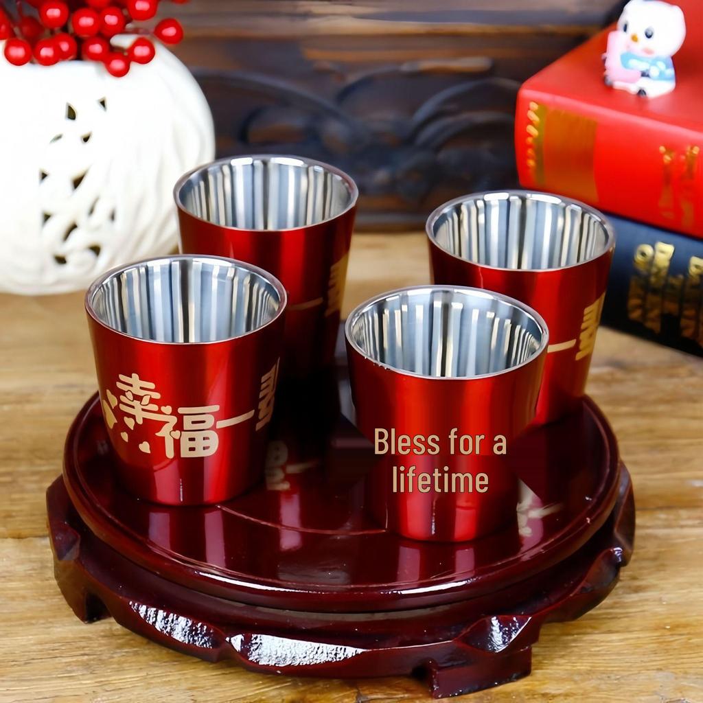 Wedding Double-Layer Stainless Steel Teacup - Red Toasting & Ceremony Joy Cup