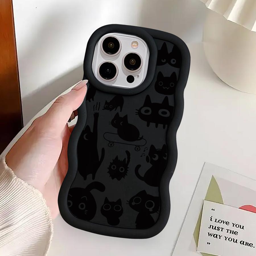 Black Cat Cartoon Soft Phone Cover Case for iPhone 16 Pro Max 11 17 Air 15 Plus 12 14 8 XR 13