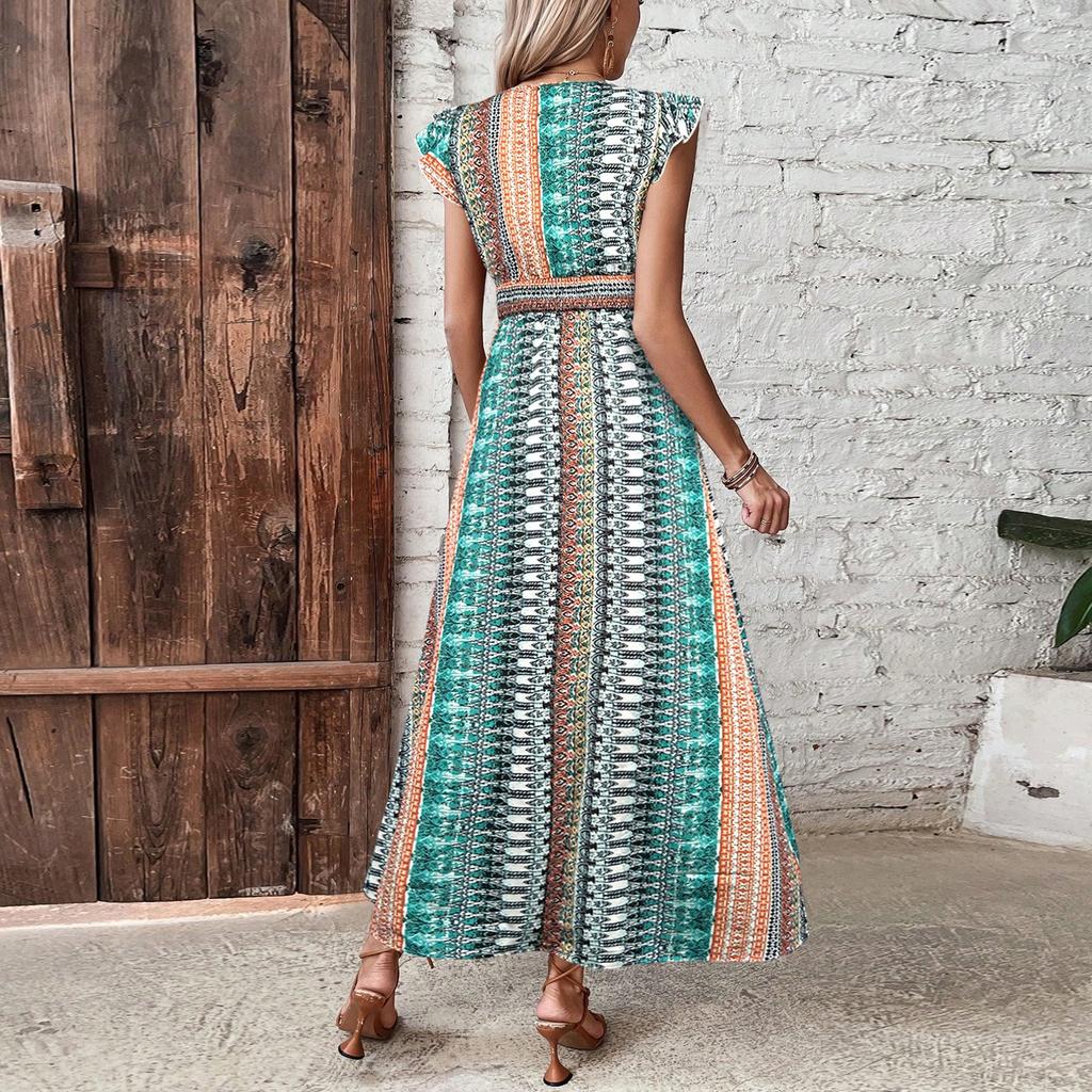 Women's Fashionable Print Round Neck Loose Short Sleeved Pocket Pullover Dress