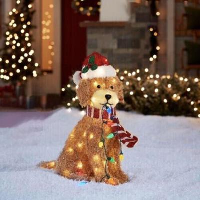 Decoración de perro esponjoso, decoración de patio festiva ornamental con perro dorado navideño iluminado para felices fiestas navideñas