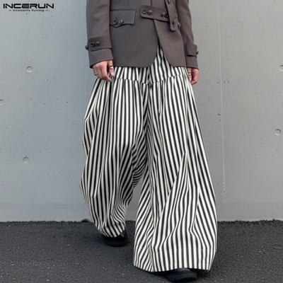 Men Elastic Waist Casual Loose Striped Wide Leg Trousers Long Palazzo Pants