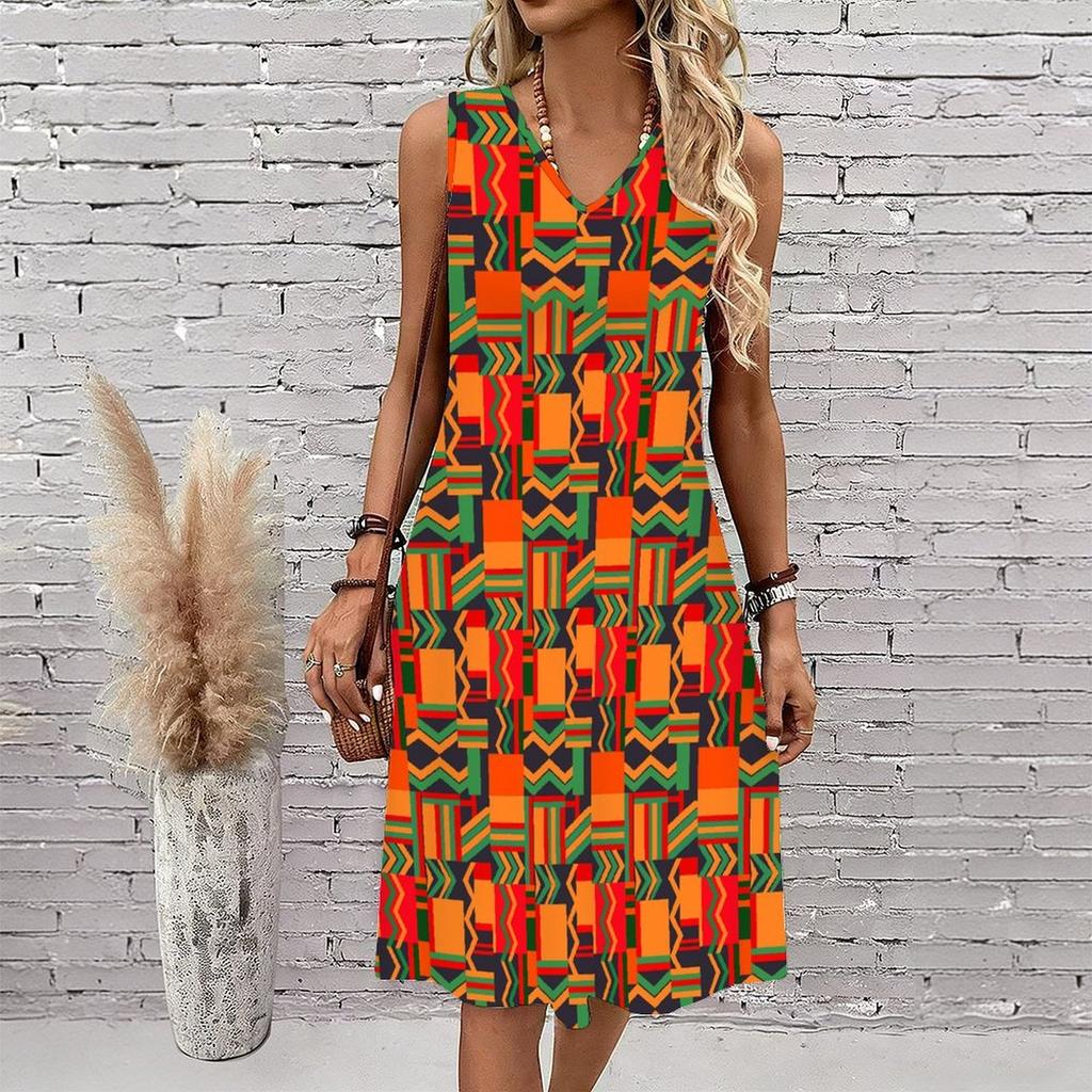 Plus Size V Neck Sleeveless Dress Ink Mountain Stream Print For Water Town Sightseeing