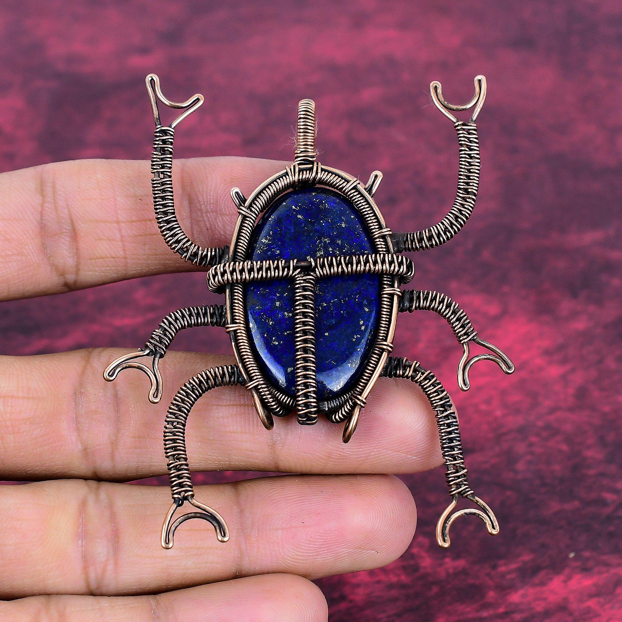 Lapis Lazuli Pendant Copper Wire Wrapped Jewelry Gemstone Pendant Beetle Pendant