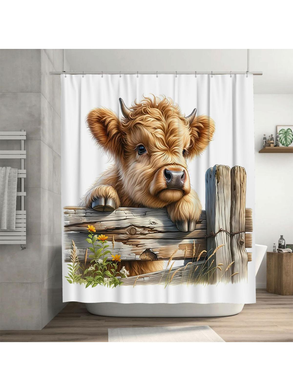 

Милая Шотландская корова Водонепроницаемая шторка для душа Термостойкая Машинная стирка Непрозрачная 180x180 см 90X180cm(35x70in)