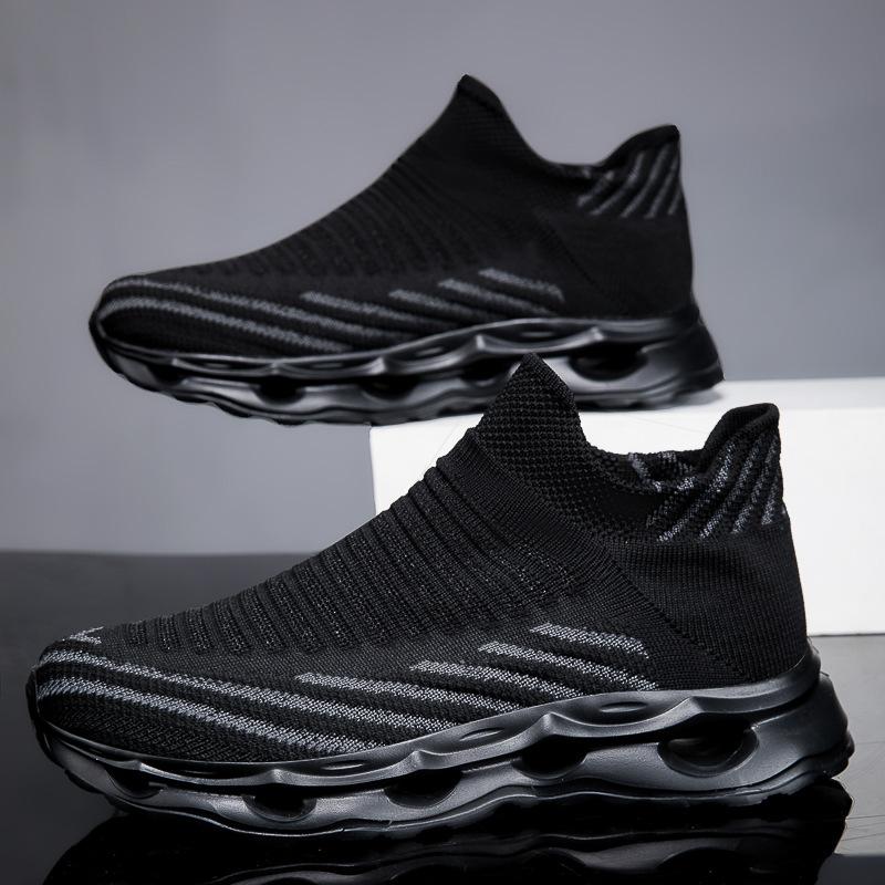 Men's and Women's Sports and Fitness Large-size Mesh Shoes, Simple Fly-woven Elastic Mesh, Breathable One-pedal Socks, Black Shoes.