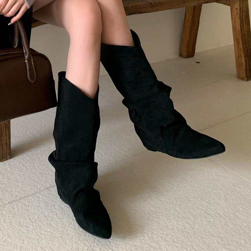 Fashion Flats Women High Boots Suede Pointed Toe Designer Shoes Winter Luxury Dress Woman 2025 New Fashion Sexy Chelsea Botas De Mujer