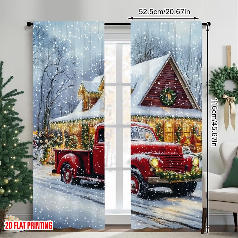 2pcs 2D Flat Printing Merry Christmas Party Curtains European Architecture Versatile Fabric Without Electricity Festive Curtains
