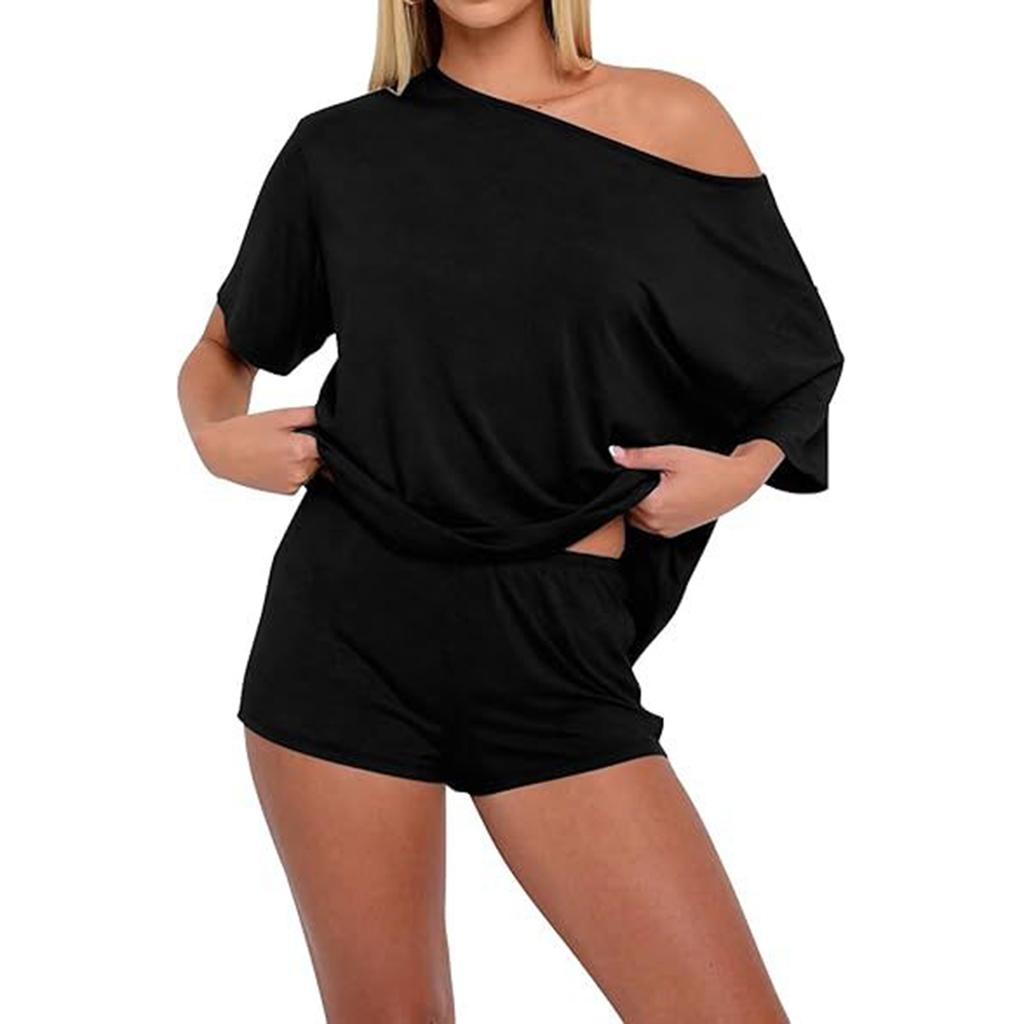 Women's Two Piece Lounge Set Knit Top and Shorts Set Casual Relaxed Fit Soft Fabric Lightweight Summer Outfit
