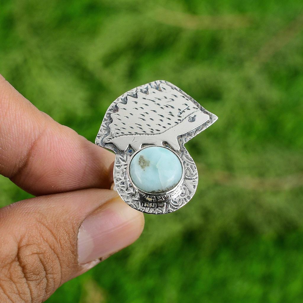 925 Silver Larimar Stone Artisan Statement Elegant Bezel Boho Engagement Ring