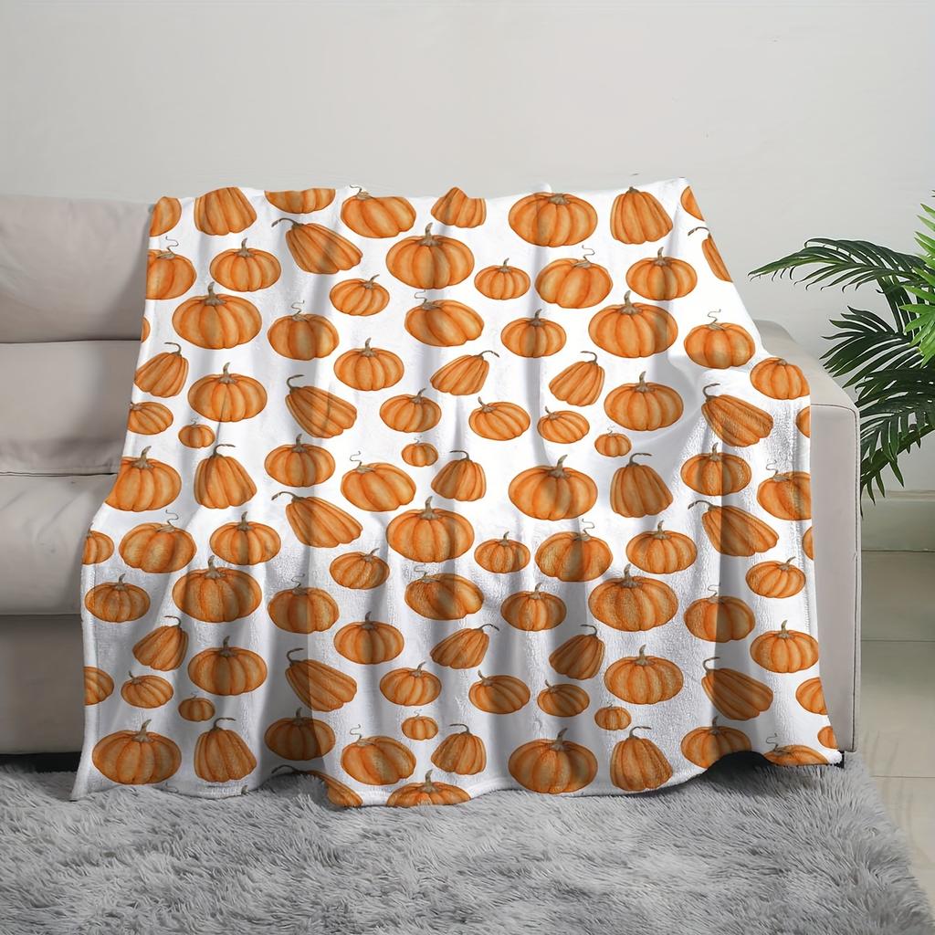 Comfortable Pumpkin Print Flannel Blanket Soft Warm Great Gift for Autumn Thanksgiving Christmas Fit Sofa Bed Office Travel