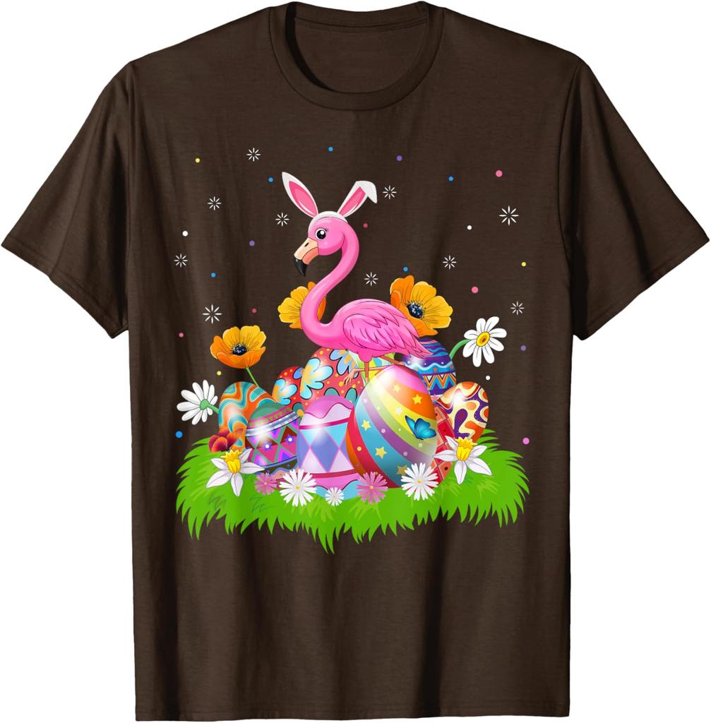 Flamingo Easter Bunny Ears Eggs Graphic Tee Cotton Casual Short Sleeve T-Shirt