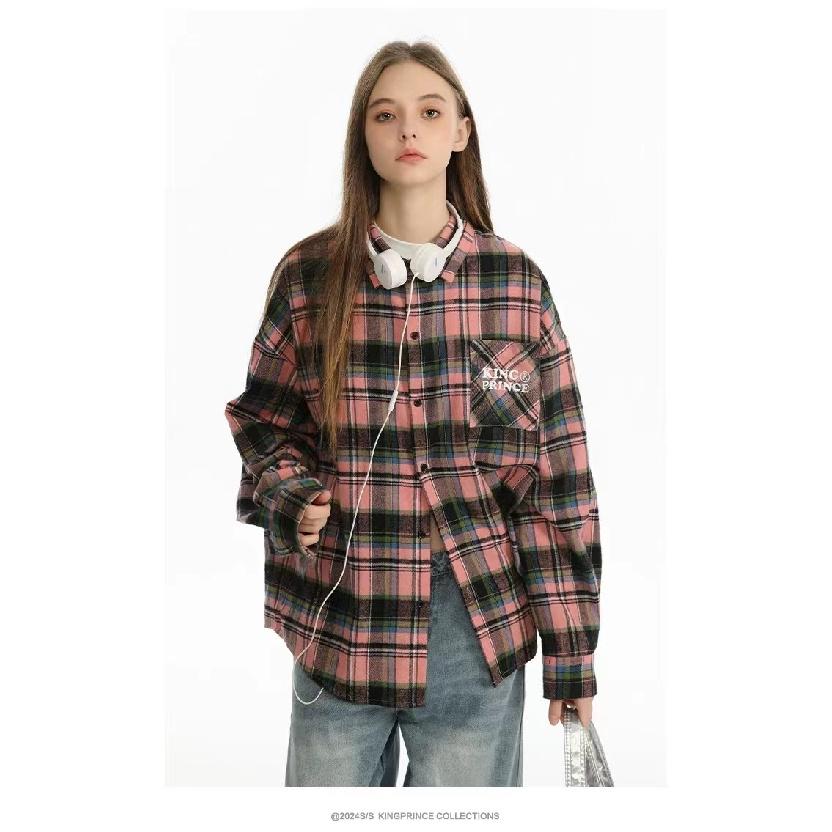 Early Spring American Retro Black Pink Plaid Shirt Coat Female Spring and Autumn Male Potato Starch Plaid Long Sleeve Shirt Male Pink Grid