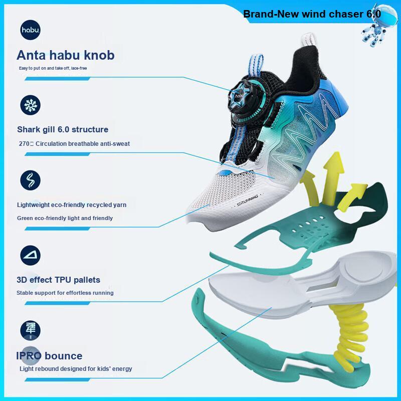 Anta Kids Wind Chaser 6.0 Test Measurement Shock Absorption Wear Resistant Low Top Running Shoes Kids Running Shoes White Blue Green 312429901-1