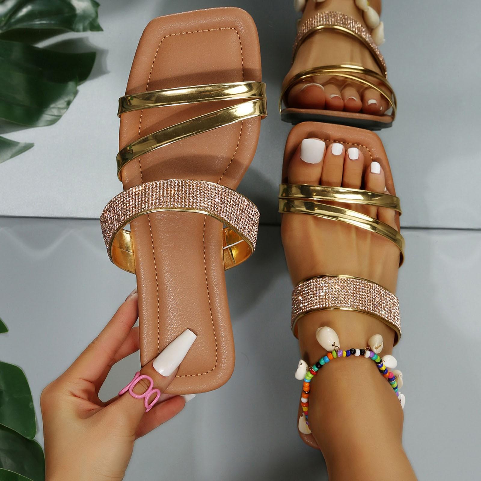 Женские тапочки для ванной Стирка, Женские летние, Со стразами, Нескользящие, Однотонные, Шлепанцы, Плоская подошва, Пляжные, Открытые сандалии для женщины 37 золотой