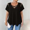 V-neck Short Sleeved Cross Strap T-shirt Large Size Summer Casual Fashion Hollow Out Blouse Solid Color Women Sweet Simple Office Shirts Clothing