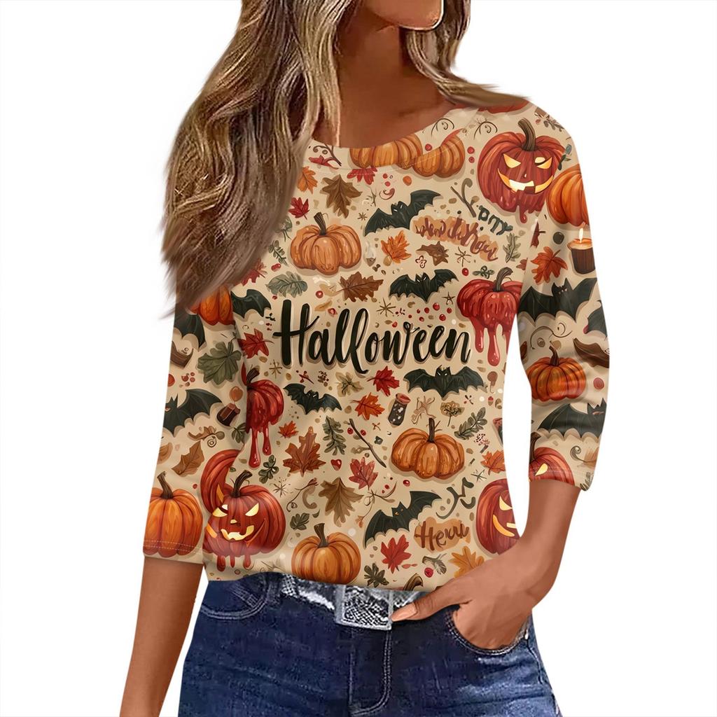 Women's T Shirt Halloween Print 3/4 Sleeve Daily Fashion Basic Round Neck Regular Top