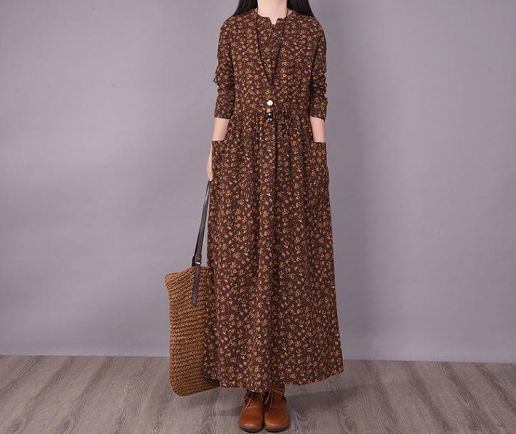 Loose Women's Floral Lace Up Cotton and Linen Dress