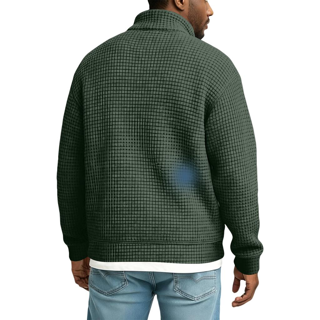Men's Casual Stand-Up Collar Long-Sleeve Top Solid Color Button-Down Sweatshirt