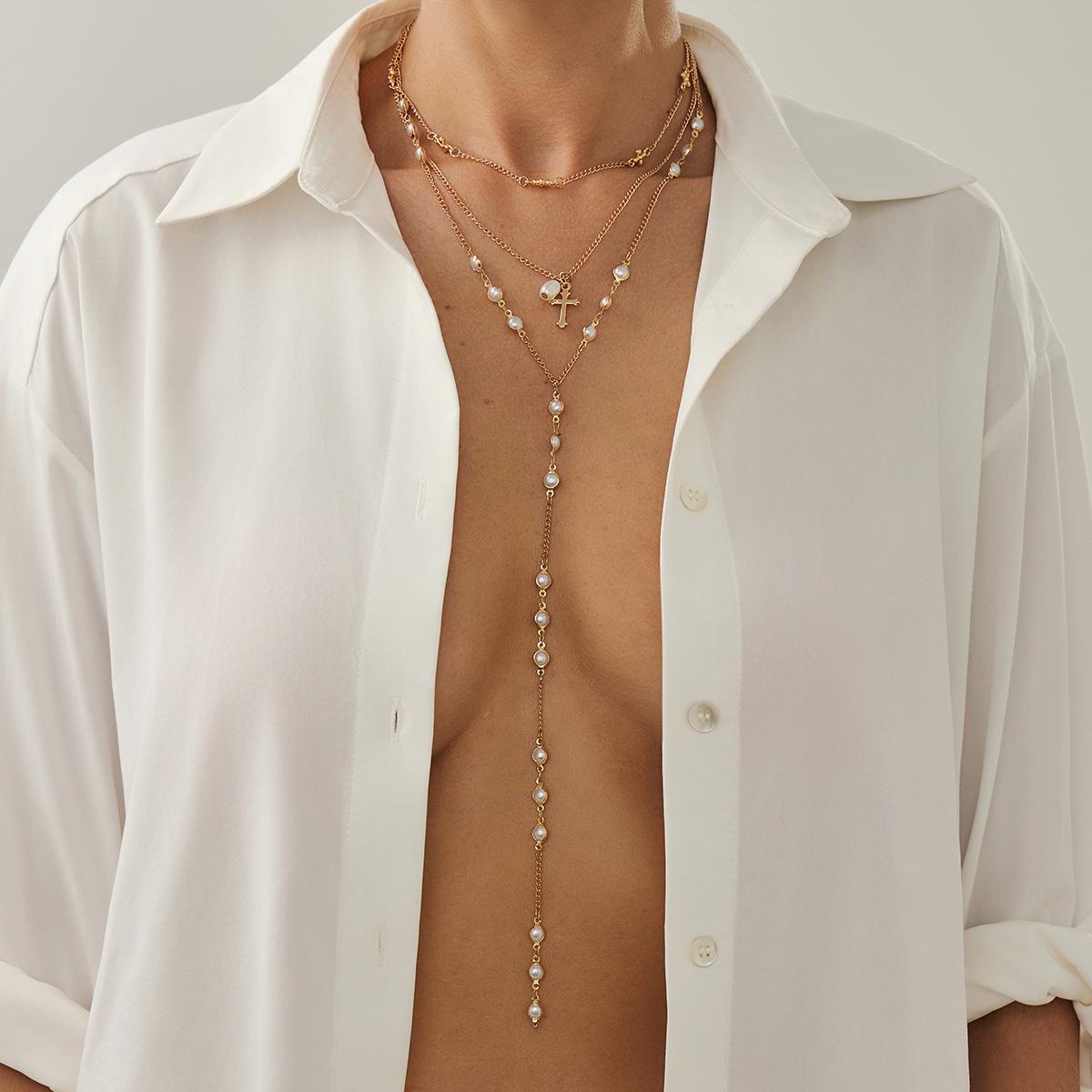 Temperament Imitation Pearl Chain Fringed Long Necklace, Spice Girl Style Metal Cross Pendant Necklace