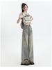 2024 Summer Women's High Waist Retro Distressed Wide-Leg Pants with Raw Hem