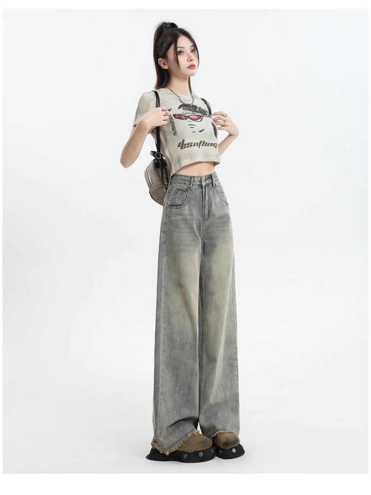 2024 Summer Women's High Waist Retro Distressed Wide-Leg Pants with Raw Hem