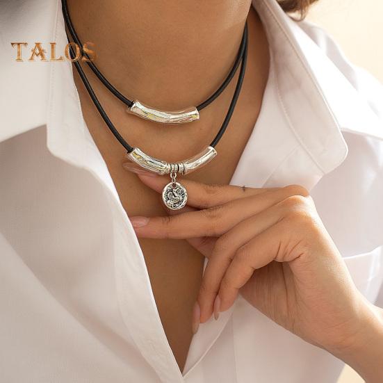 Vintage-Halsband aus Kunstleder mit Metallperlen, mehrlagig, geometrischer zylindrischer Anhänger, Halskette aus Legierung für Frauen und Männer, als Geschenk für den Alltag