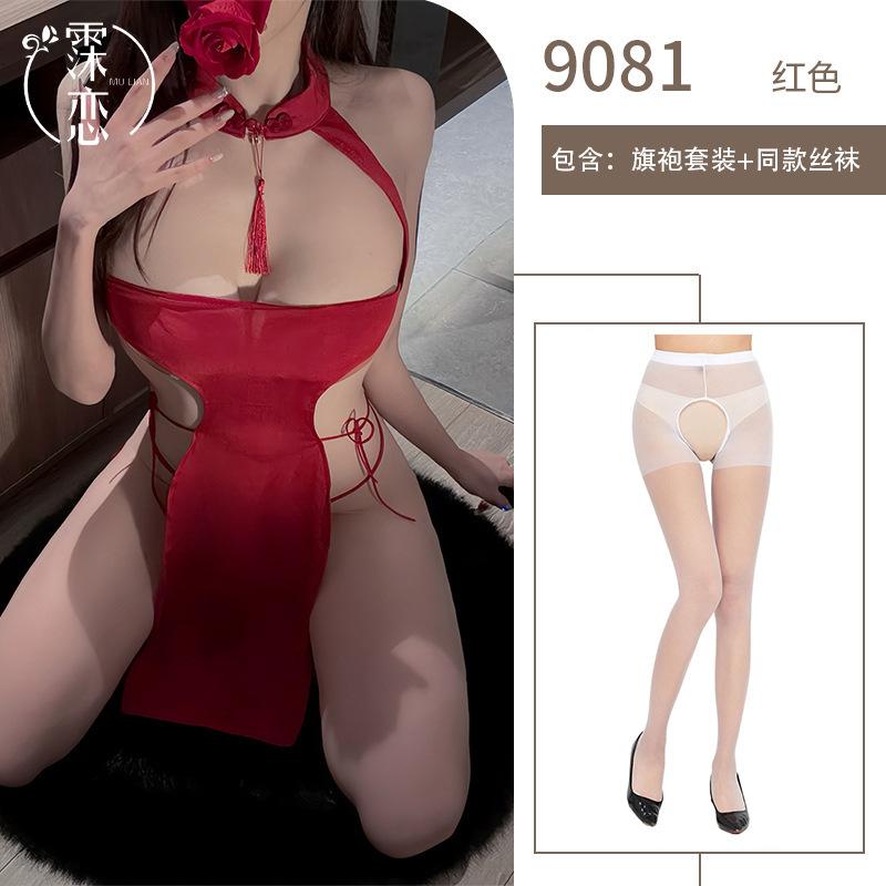Sex Underwear Sexy Hollow Hot Lace-up Cheongsam High Split Skirt Nightclub Witch Uniform Temptation