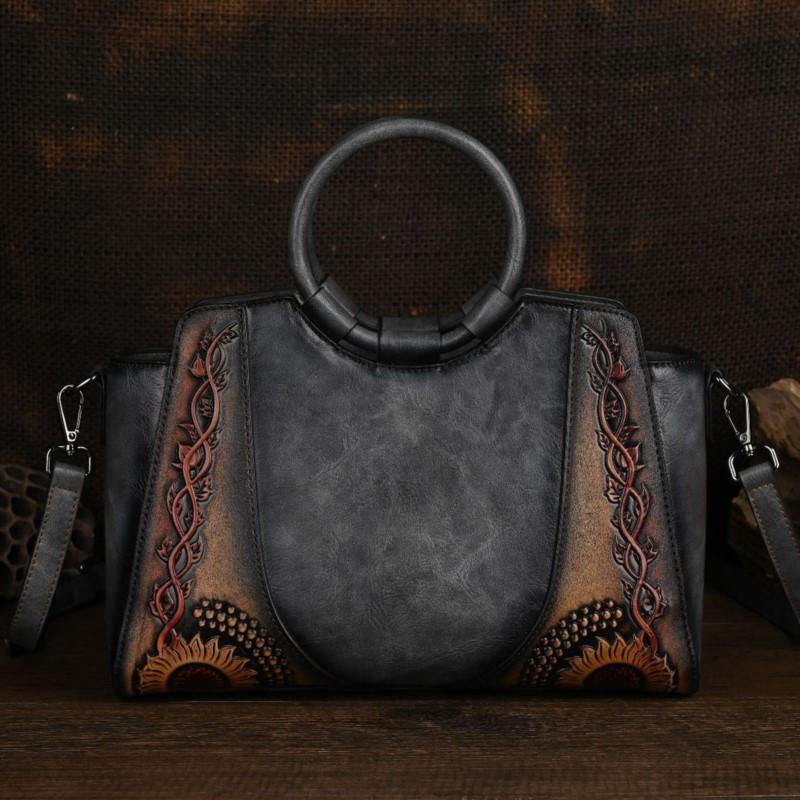 

Johnature Vintage Embossed Exquisite Handbag Большая вместимость Универсальная женская сумка через плечо серый