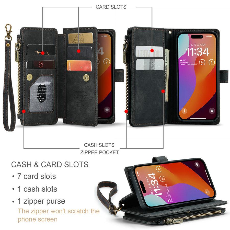 CaseMe Retro Phone Cover for iPhone 16 Pro Max Case With Stand Durable Zipper Wallet Pouch for iPhone 15 Pro Max 14 13 12 Case