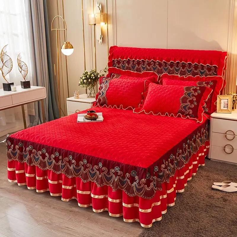 Luxury Winter Crystal Velvet Thicken Quilted Bedspread King Queen Size Flannel Bed Skirt Not Including Pillowcase