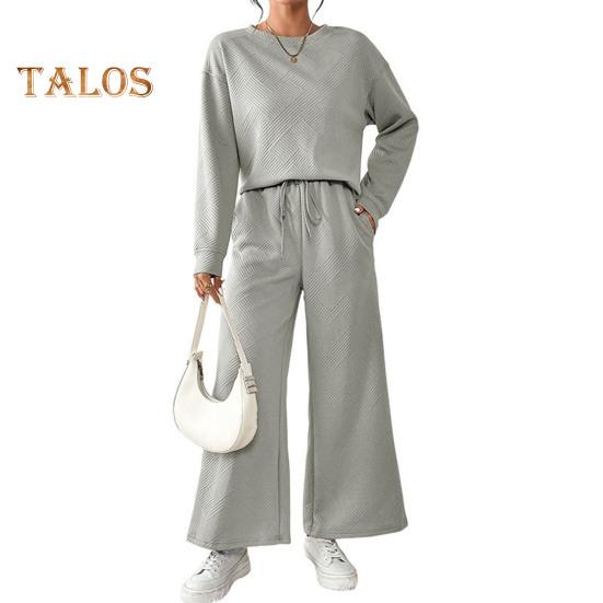 2 Teile/satz Frauen Top Hosen Anzug O Hals Lange Ärmel Einfarbig Sport Sweatshirt Kordelzug Elastische Taille Breite Bein Hosen Fitness Outfit Herbst Frühling