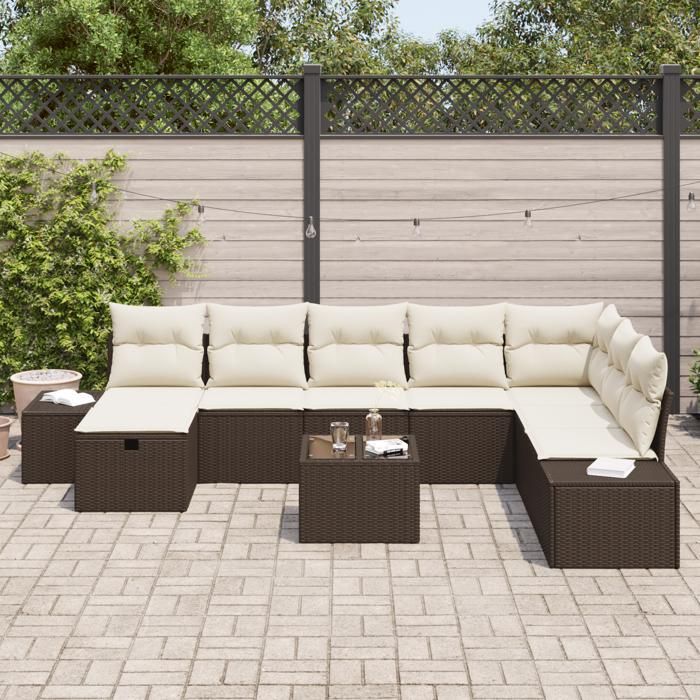 VidaXL Ensemble de canapé de jardin 9 pièces avec coussins marron en poly rotin 3359437