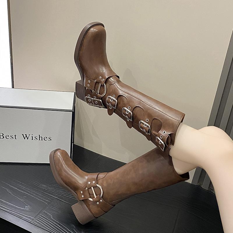 Belt buckle Martin boots women's thick heel 2025 new knee boots retro western cowboy high knight boots